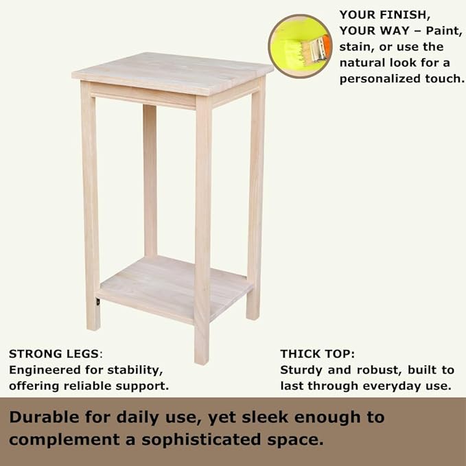 IC International Concepts, Portman Accent Table , Solid Real Wood, Sturdy Parawood,16 X 14 X 29, Minimum Assembly, DIY, Paint or Stain in Any Color, Unfinished