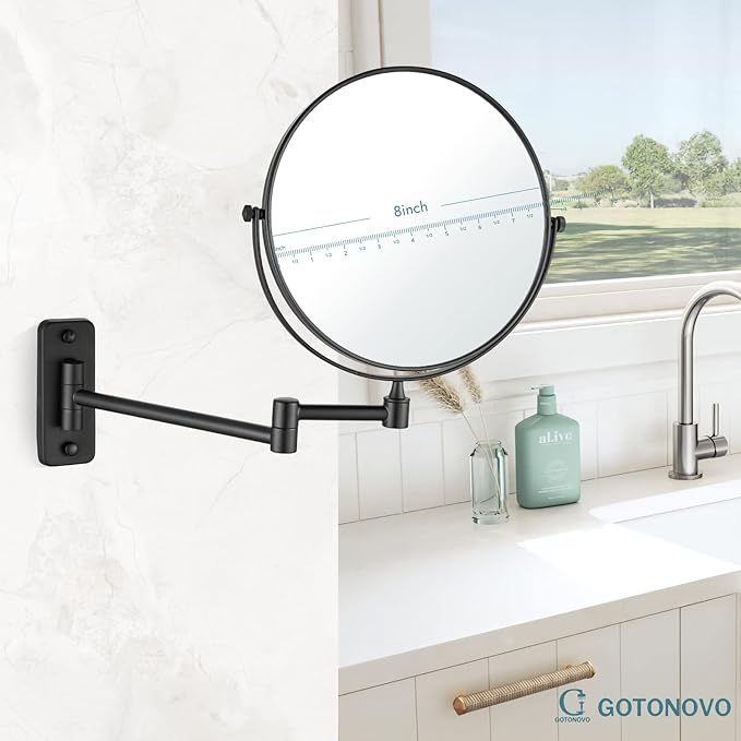 gotonovo Wall Mounted Magnifying Mirror Pivoting Arm Double Sided Swivel Makeup Vanity Black Telescoping Handheld Mirror 8 Inch Magnification Square Base