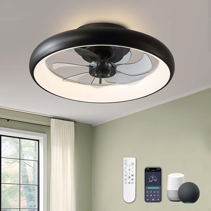 Modern Black 20" Flush Mount Ceiling Fan with Lights, 6 Wind Speeds, LED, Bedroom, Kitchen
