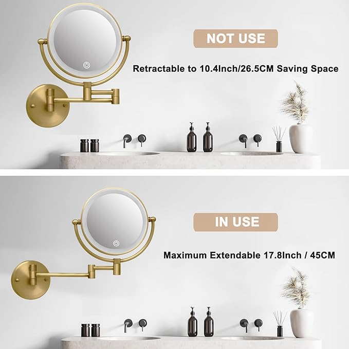 Wall Mounted Makeup Mirror with Light and Magnification, 7W Higher Brightness and Dimmable 1X/10X Double Sided Wall Magnified Mirror, Extending Vanity Mirror for Bathroom, Antique Brass Direct Wire