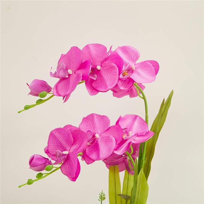Large Artificial Potted Orchid Plant, Silk Flower Arrangement with Ceramics Vase, Purple Red
