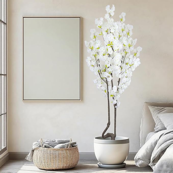 7.2 ft White Artificial Cherry Blossom Tree for Home Decor, Nearly Nature Faux Silk Flower Tree Indoor, Fake Realistic White Flowering Plant for Living Room Wedding Office Decorations