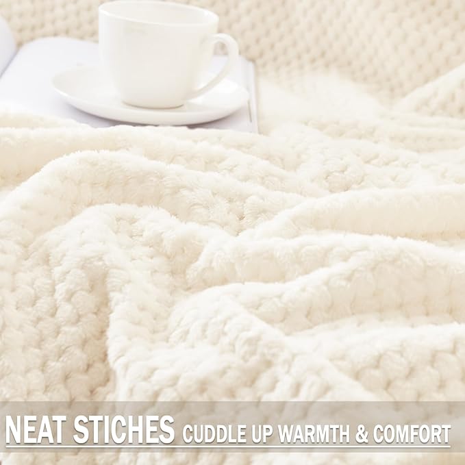 Exclusivo Mezcla Fleece Bed Blanket Queen Size, Super Soft and Warm Blankets for Couch, Sofa and Bed Waffle Textured, Cozy, Fuzzy and Lightweight (Ivory, 90x90 Inches)