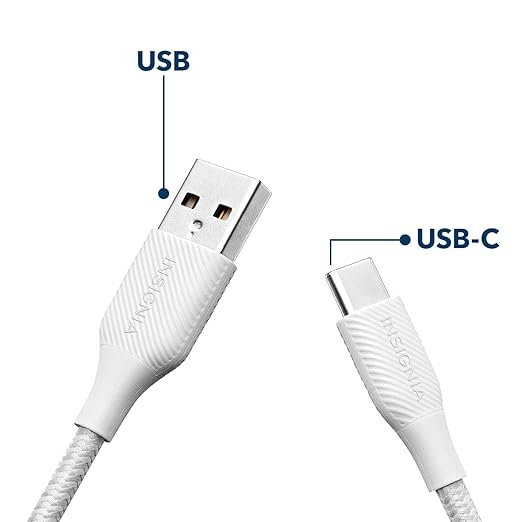 INSIGNIA 6 ft. USB-A to USB-C Charge-and-Sync Braided Cable, Type-C for iPhone 15 Series, iPad Mini 6 / Pro, MacBook Pro, Samsung Galaxy S23, Switch, White Moon Grey