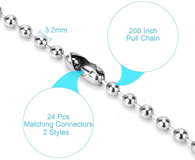 200 Inch Ceiling Fan Pull Chain, (Upgrade Rust Proof) 3.2mm Beaded Pull Chains Extension, Light Chain Pulls Extenders Great Pulling Force Stainless Steel with 24 Matching Connectors 2 Styles, By PSISO
