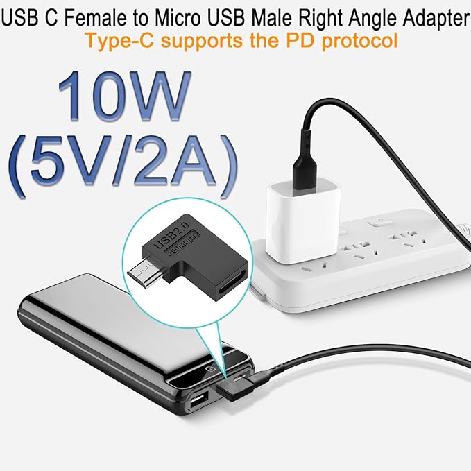 QIANRENON USB C to Micro USB 90° Angle Charging Data Connector Plug USB C Female to Micro USB Male Right Angle Adapter 10W (5V2A) 480Mbps, for Phone MP3 MP4 Digital Camera, 2Pcs (Right Angle)