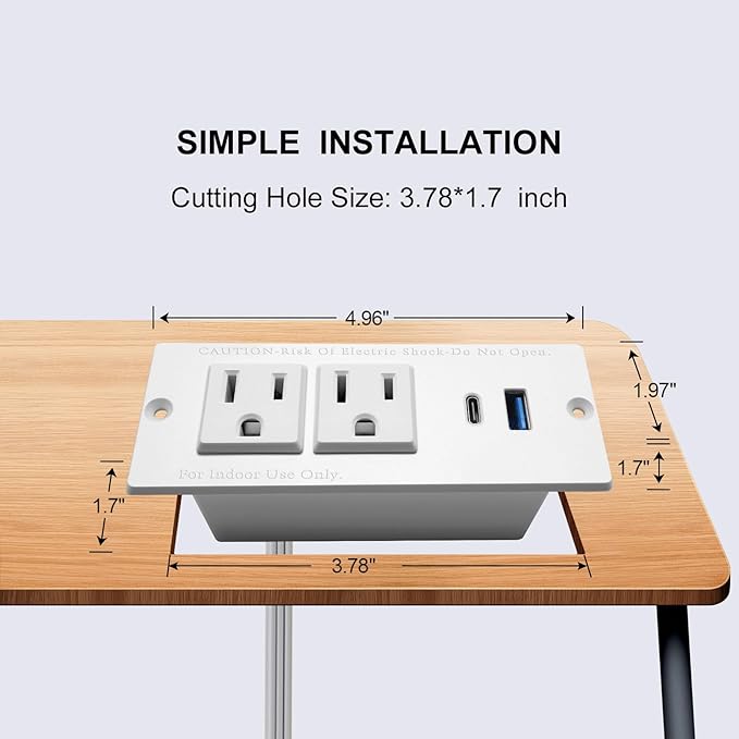 USB C Recessed Power Strip Fast Charge Desktop Power Station 2 Outlets 2 USB (PD20W & QC18W, Total 20W) Mountable Flat Plug Extension Cord Mount for Tabletop Sofa Cabinet Nightstand (USB C White)