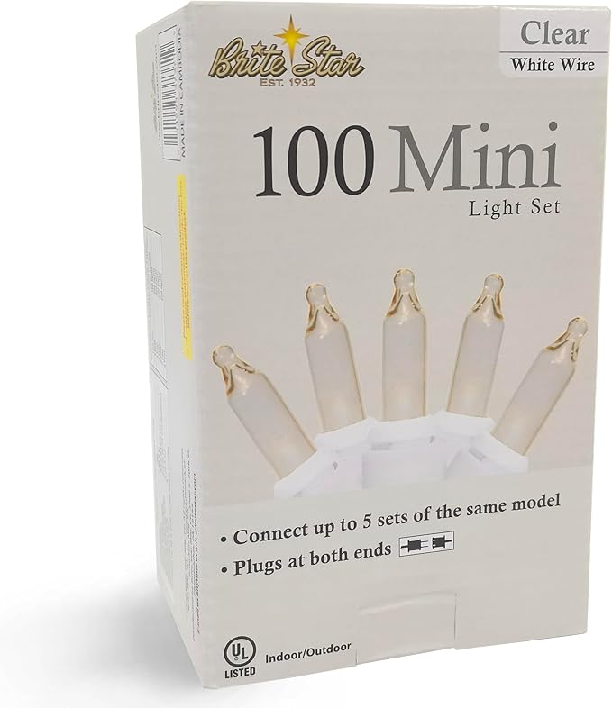 Brite Star 100 Count Mini String Christmas Lights, Clear - 22 feet Indoor/Outdoor Christmas Tree Lights with White Wire