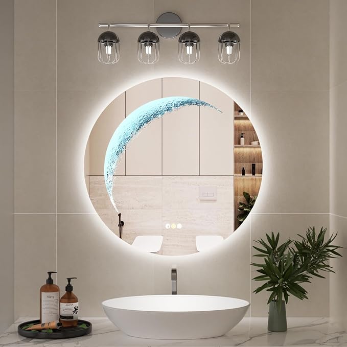 28'' Round Bathroom Mirror with Light, Frameless Circle Mirror with Backlit & Half Moonlight, Anti-Fog, Tempered Glass, Dimming LED Vanity Mirrors for Oversink, Bedroom, Wall Decor, Entryway
