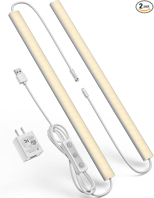 Plug-in Under Cabinet Lighting, Dimmable Under Counter Lights for Kitchen, 2pcs 12 Inch, Warn White 3000K Linkable USB Led Closet Light, Wired Indoor Night Lights Bar for Desk,Sink,Workbench