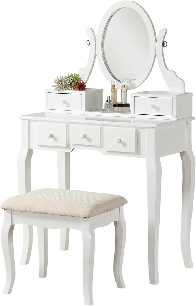 Roundhill Furniture Ashley Wood Make-Up Vanity Table and Stool Set, White