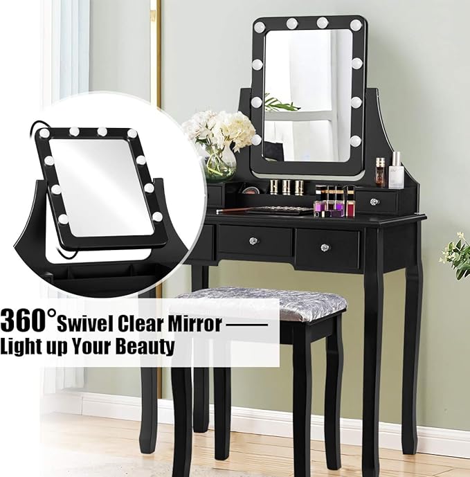 CHARMAID LED Vanity Desk with Lighted Mirror, 10 Dimming Bulbs, 5 Drawers, 3 Storage Organizers, Makeup Vanity Desk with Stool, Bedroom Dressing Table, Gift for Girls Women (Black)