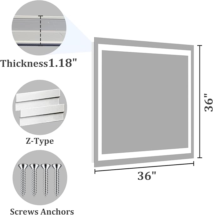 Koonmi 36x36 LED Bathroom Mirror, Backlit + Front Lit, LED Bathroom Mirror with Lights for Wall, 3 Colors, Anti-Fog, Dimmable Brightness, Memory Function, Tempered Glass