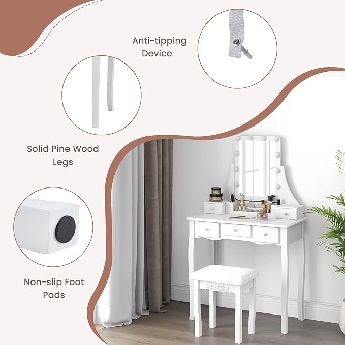 CHARMAID Vanity Desk with Mirror and Lights, Makeup Vanity Table with 5 Storage Drawers, 3 Color Lighting Modes, Adjustable Brightness, Modern Bedroom Dressing Table with Vanity Stool, White