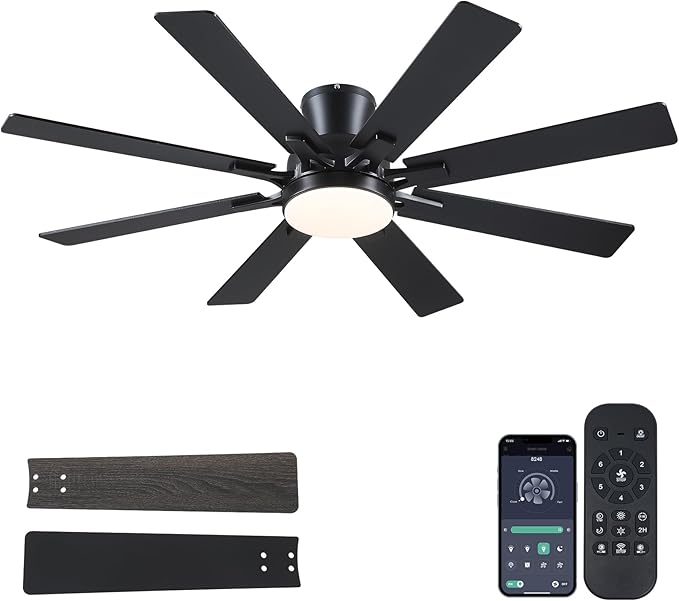 Ceiling Fans with Lights- 52" Low Profile Indoor Ceiling Fan with Light and Remote/APP Control, 8 Blade,Flush Mount, LED Dimmable DC Reversible Modern Ceiling Fan for Bedroom（Black）