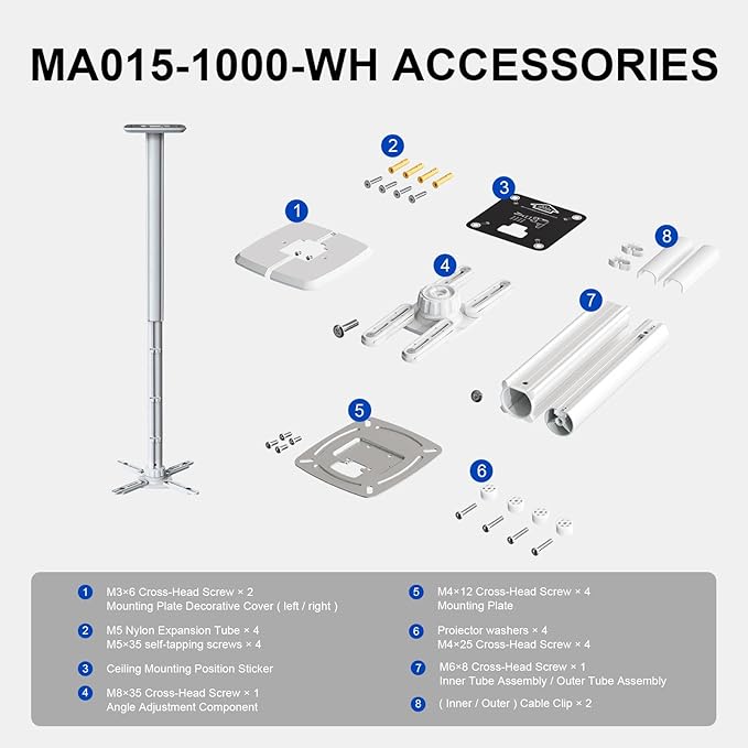 Jomard Projector Ceiling Mount, Heavy Duty Aluminum, Adjustable Height 22"-40.78", 360° Swivel 15° Tilt, Holds 15 Lbs, White