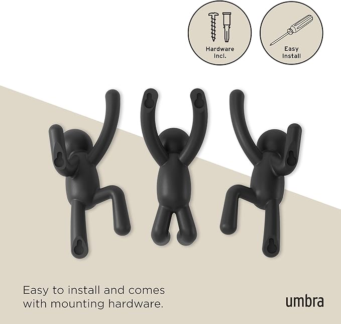 Umbra Buddy Wall Hooks – Decorative Wall Mounted Coat Hooks for Hanging Coats, Scarves, Bags, Purses, Backpacks, Towels and More, Set of 3, Black