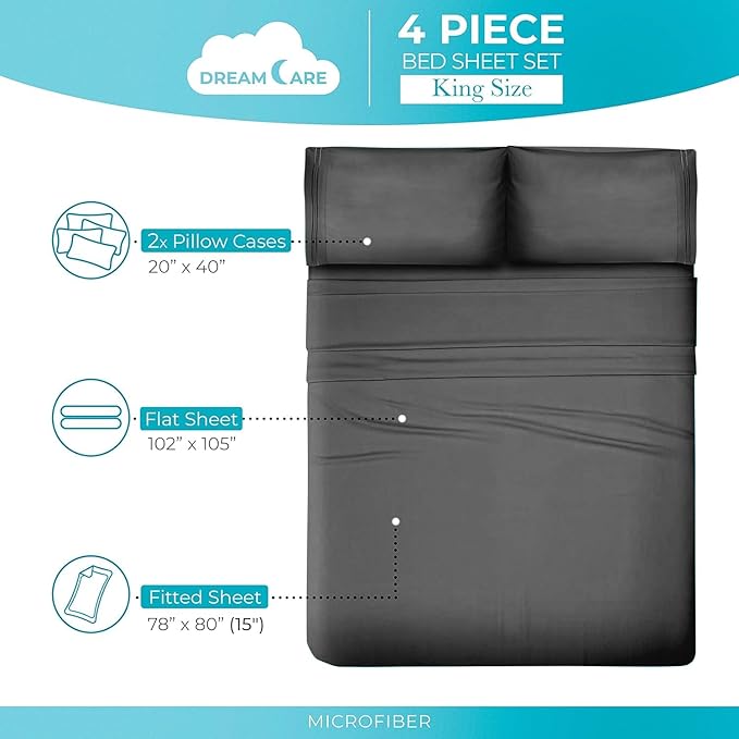 DREAMCARE Twin Sheets - Cooling Bed Sheets - 4pcs Set - up to 15" Deep Pocket Twin Bed Sheets - Twin Sheet Set - Soft Lasting 100% Fine Brushed Polyester with Side Pocket - D.Gray