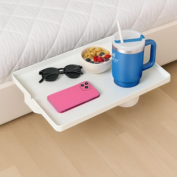 Modern Innovations Large White Bedside Shelf for Bed, 1 Count Clip On Nightstand with Cup Holder and Cord Holder, College Dorm Bunk Bed Shelf for Top Bunk or Kids Bedroom