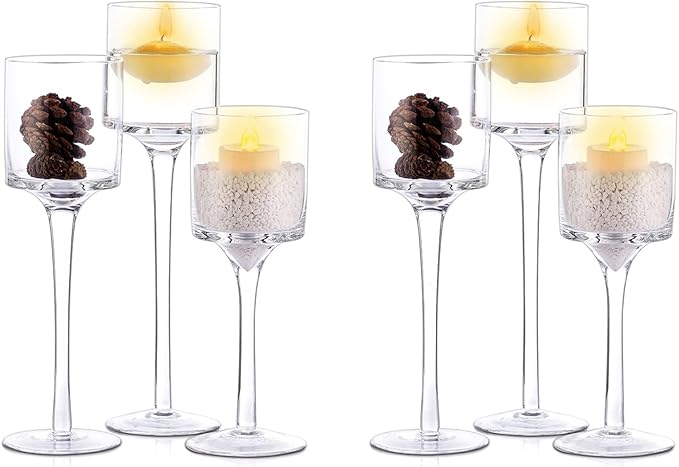 NUPTIO Glass Tealight Candle Holders: Set of 6 Tall Candle Stands for Dinner Table Centerpiece - Stemmed Candleholders for Pillar Floating Candles