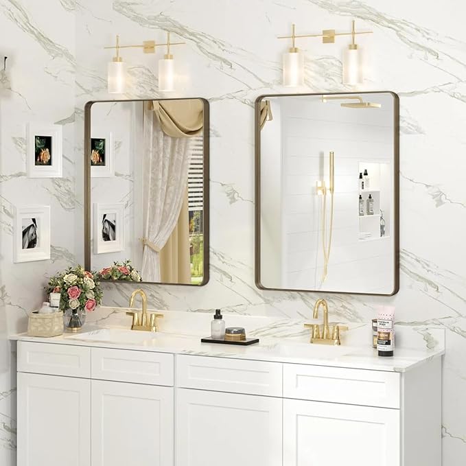 22x30 Bronze Bathroom Wall Mirror, Brushed Metal Framed Vanity Mirror for Wall, Rounded Rectangle Mirror for Modern Farmhouse Wall, Anti-Rust (Horizontal/Vertical)