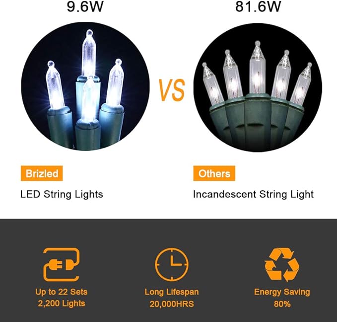 Brizled Christmas Lights, 33ft 100 LED End to End Connectable Mini Christmas String Lights, 120V UL Certified Cool White Xmas Tree Light Indoor Outdoor Mini Light Set for Xmas Tree Party Wedding Decor