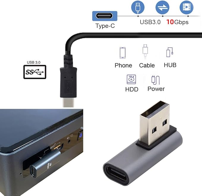CY USB-C Type C Female Low Profile 90 Degree Right Angled to USB 3.0 A Male Data Adapter for Laptop Desktop