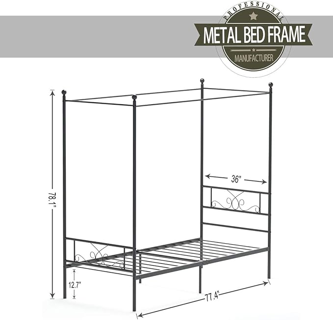 Weehom Twin Canopy Bed Frame with Headboard and Footboard, 4 Posters Metal Bed Frame, No Box Spring Needed, Mattress Foundation Platform Bed for Kids and Adults, Black