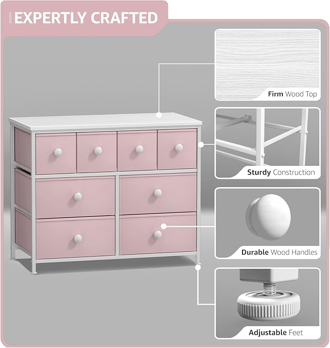 Sorbus Fabric Dresser for Kids Bedroom - Chest of 8 Drawers, Storage Tower, Clothing Organizer, for Closet, for Playroom, for Nursery, Steel Frame, Fabric Bins - Knob Handle (Pastel Pink)