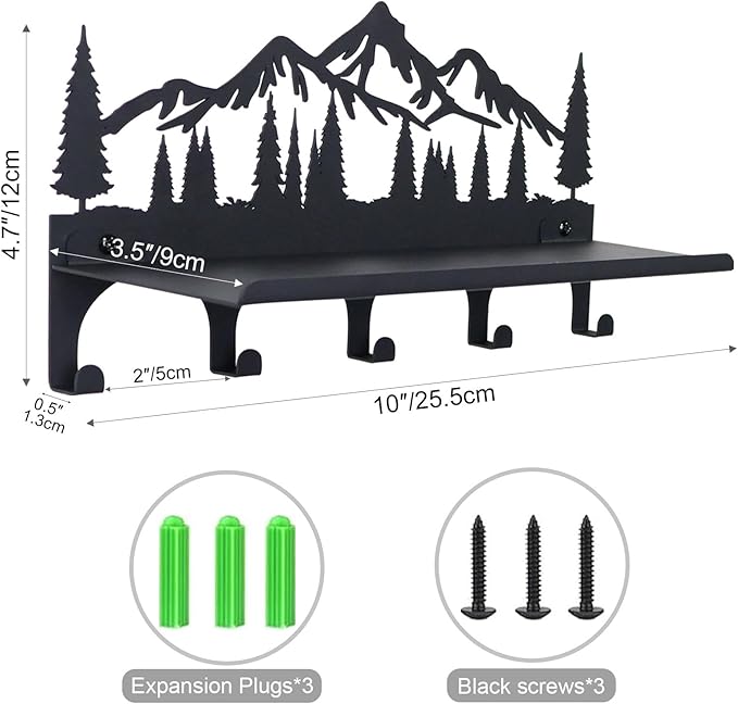 Key Holder for Wall, Metal Decorative Wall Mounted Mountain Key and Mail Holder with Shelf, 2 in 1 Key Hooks for Entryway, Front Door, Hallway, Key Organizer and Key Rack (10 Inches)