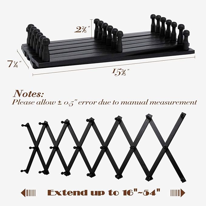 Wall Rack with 20 Hooks, Wooden Wall Expandable Coat Rack for Coat, Hats, Baseball Caps, Coffee Mug, Jewelry(Black)