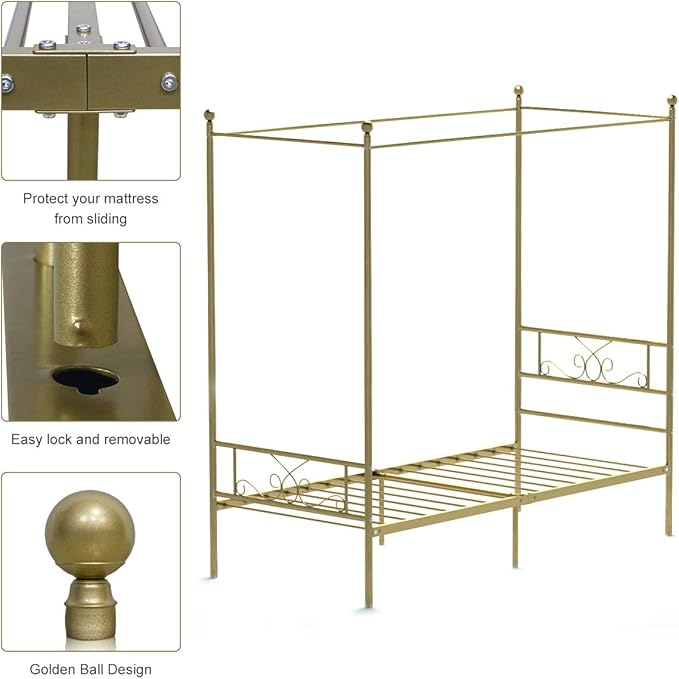 Weehom Twin Canopy Bed Frame with Headboard and Footboard, 4 Posters Metal Bed Frame, No Box Spring Needed, Mattress Foundation Platform Bed for Kids and Adults, Gold