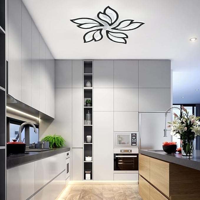Garwarm LED Ceiling Light Fixture, 60W Modern Leaves Ceiling Lamp Dimmable Black Flush Mount Ceiling Chandelier for Living Room Study Room Dining Room Bedroom