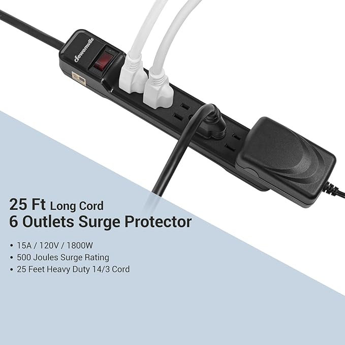 DEWENWILS 25FT Power Strip Surge Protector, 6-Outlet Strips with Low Profile Flat Plug, 15 Amp Circuit Breaker, 500 Joules, Wall Mount, UL Listed
