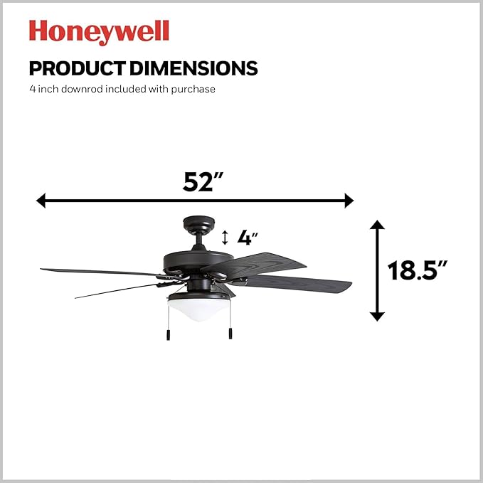 Honeywell Ceiling Fans Belmar 52 Inch Ceiling Fan With Light, Indoor/Outdoor Ceiling Fan with Pull Chain, LED Tri-Mount 5 Blade Design, ETL Damp Rated, Bronze (50512-01)