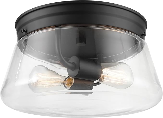 GLOBE Electric 44777 Aleyna 2-Light Outdoor Flush Mount Ceiling Light, Matte Black, Clear Glass Shade, Bulb Not Included