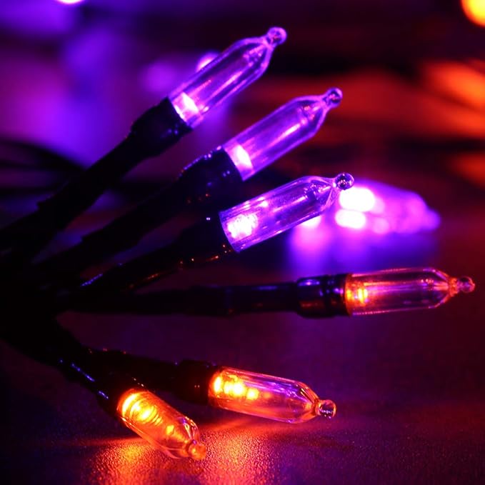LYHOPE Orange Purple Halloween Lights Indoor, 33ft 100 LED Battery Halloween Light with 8 Mode, Timer, Waterproof Battery Operated String Lights for Home Tree Wreaths Party Yard Outdoor Holiday Decor