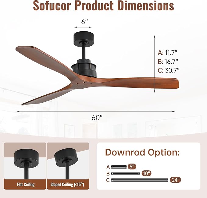 Sofucor 60 Inch Ceiling Fan No Light, Indoor/Outdoor Ceiling Fans Without Lights Remote Control, Reversible DC Motor, 6 Speed, Timer, 3 Blade Solid Wood Ceiling Fans for Bedroom Patio Farmhouse