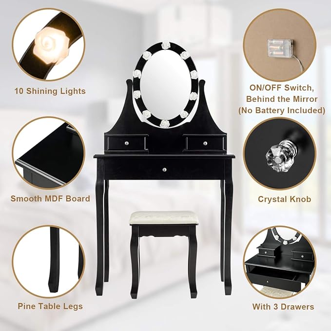Giantex Vanity Set with Lighted Mirror, Makeup Table with 10 Rose Light, Modern Dressing Desk with Cushioned Stool, 3 Drawers and 360° Rotating Mirror for Bedroom, Vanity Table with Stool (Black)