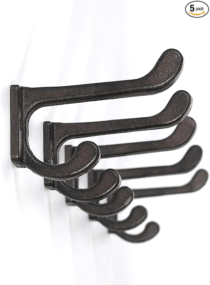5 Pack Decorative Cast Iron Heavy Duty Double Hooks, Wall Mounted Coat Hooks, Vintage Inspired (Antique Black) (Modern Type)