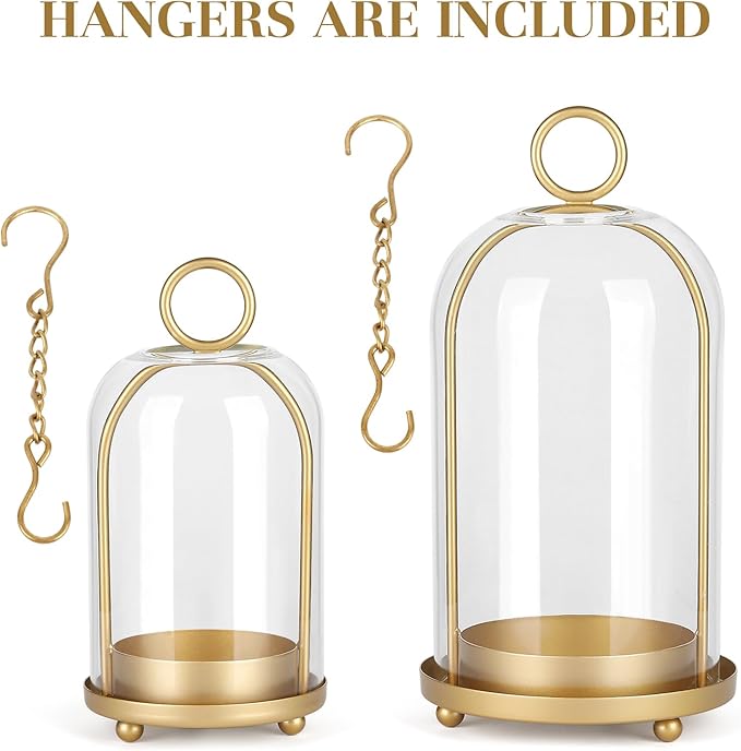 Versatile Metal Candle Holder Set with Handmade Glass Dome,Antique Brass Pillar Candle Stand, 5.2" & 4.1" Wide for Tabletop or Hanging, Industrial & Farmhouse Decor