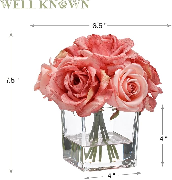 WELL KNOWN Rose Artificial Flowers in Vase with Faux Water, Silk Rose Table Centerpieces for Home Coffee Table Decor, Bean Pasty Pink Fake Roses Flower Arrangements for Office Hotel Lavatory Wedding