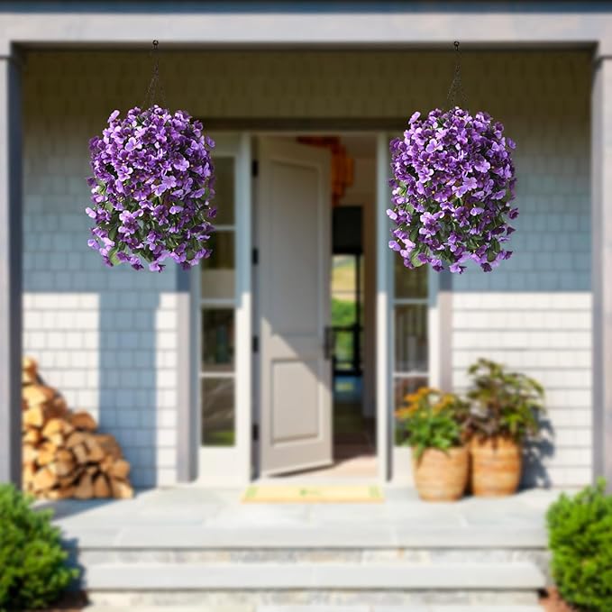 Artificial Fake Hanging Flowers Plants with Basket for Summer Outdoor Decoration,Faux Silk Begonia in Planter UV Resistant Look Real for Home Porch Yard Patio Balcony Decor