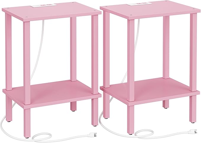 TUTOTAK End Table with Charging Station, Set of 2, Small Side Table with Outlets, Nightstand Bedside Table, 2-Tier Storage Shelf for Small Space, Living Room, Bedroom Pink TB01BP041