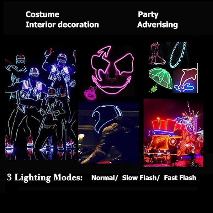 MaxLax EL Wire DIY Mutilcolor, 9.8ft/3m Portable Battery Pack Neon Lights Strip 360° Cuttable Glowing Rope Lights for Parties, Halloween