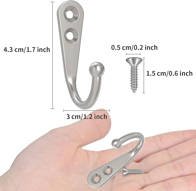 POZEAN 60 Pack Wall Hooks - Silver Coat and Towel Hooks with 120 Screws, for Hanging Coats, Scarves, Bags, Towels, Keys, Caps, Cups, Hats and More