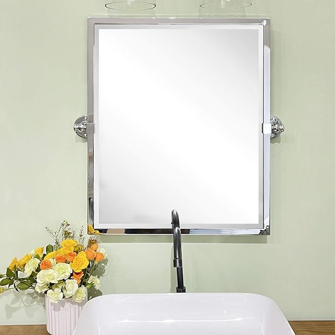 Polished Silver Metal Framed Pivot Rectangle Bathroom Mirror Tilting Beveled Vanity Mirrors for Wall, Overall 23.9 x 24 inches (Mirrror 20 x 24 inches)