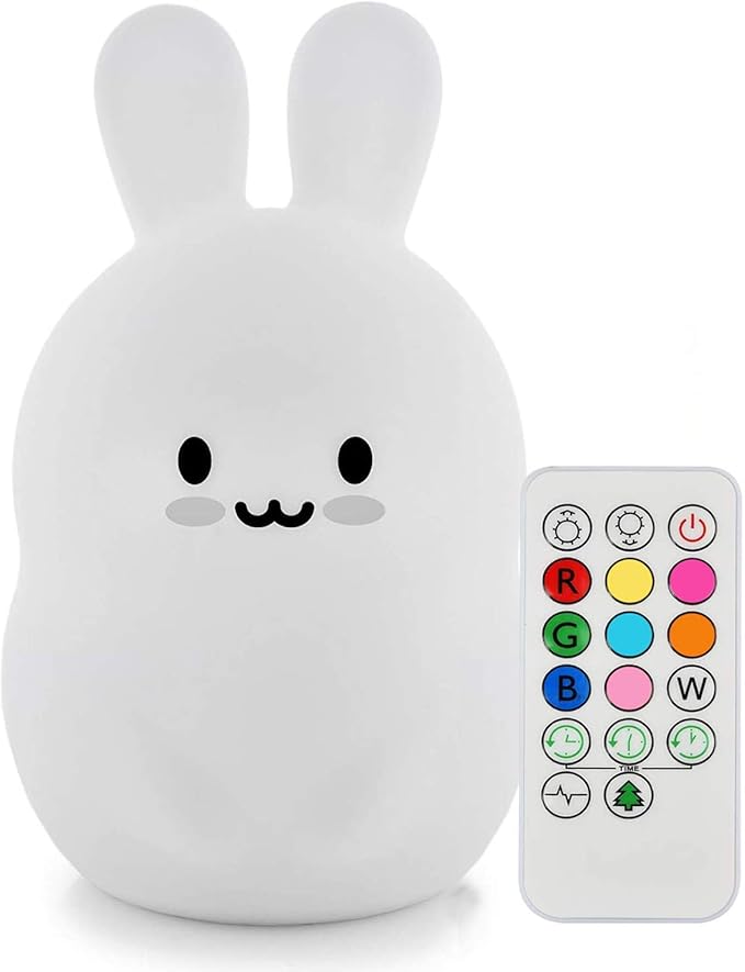 Rabbit Night Light for Kids, Rechargeable LED Children Lamp, Soft Silicone (BPA Free) for Baby/Boys/Girls/Adult, Remote & Touch Control Adjustable Brightness and Colors, Indoors/Outdoors