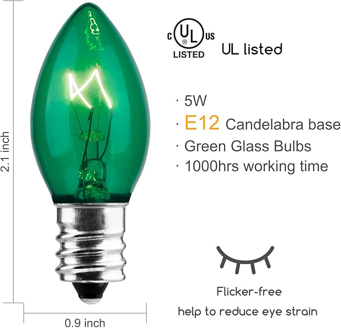 Brightown 25-Pack C7 Christmas Replacement Bulbs, C7 Green Incandescent Bulbs for Christmas Light Strings, E12 Candelabra Base, 5 Watt