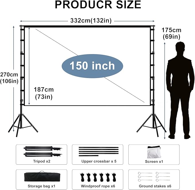 Giant 150 inch Portable Projector Screen with Dual Stand, 4K HD Front/Rear Projection Movie Screen for Backyard Theaters and Camping, Foldable Anti-Crease Fabric with Carry Bag